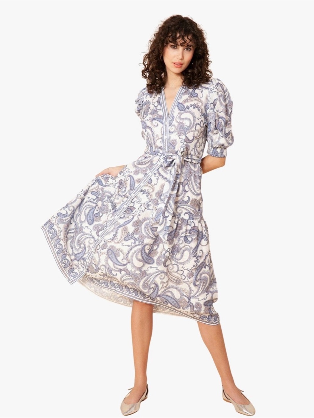 Hale Bob Phaedra Paisley Button-Front Midi Dress in Blue & Cream